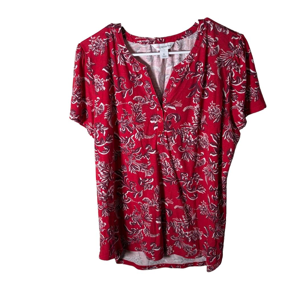 Liz Claiborne T-Shirt Women's XL V-Neck Short Sleeve Floral Red Printed